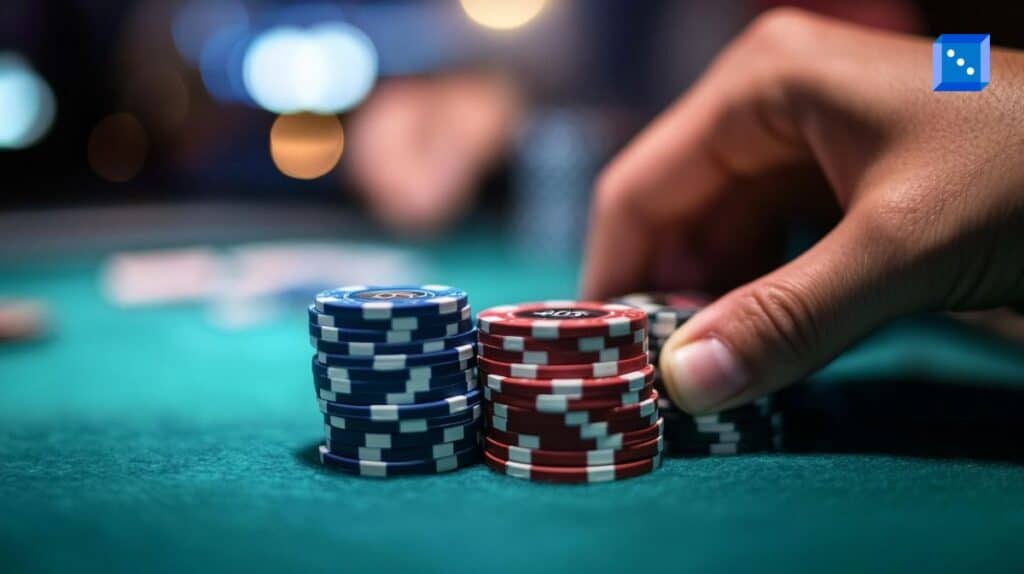 A close-up shot of a poker player’s hand stacking red and blue poker chips on a green-felt casino table. The blurred background shows a lively casino atmosphere with bokeh lights, adding to the high-stakes tension of the game.