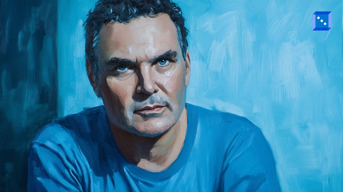A digital painting of a middle-aged man with short, curly dark hair, wearing a blue shirt, against a textured blue background. His intense gaze and serious expression create a contemplative mood.