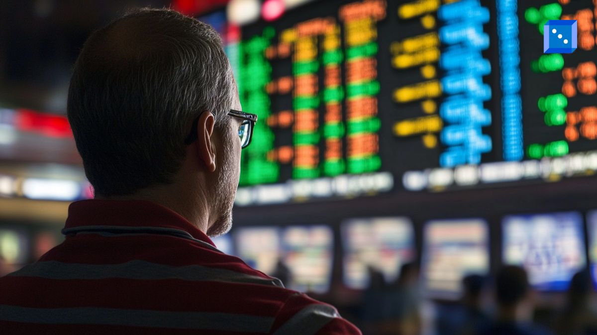 A man in a red-striped shirt and glasses closely observes a large electronic betting board displaying colorful odds and statistics at a sportsbook.”