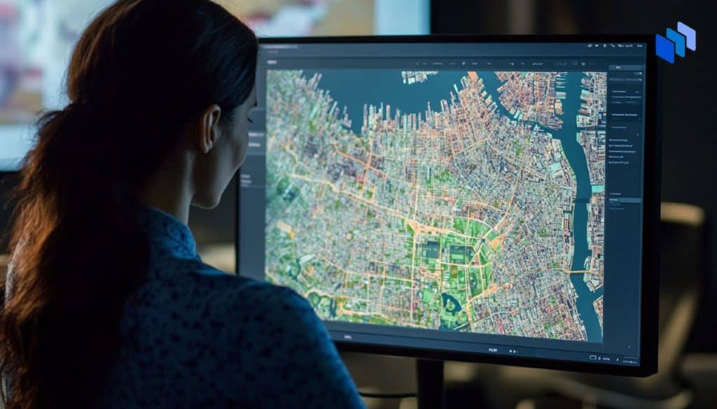 A woman looking at a map on a computer screen