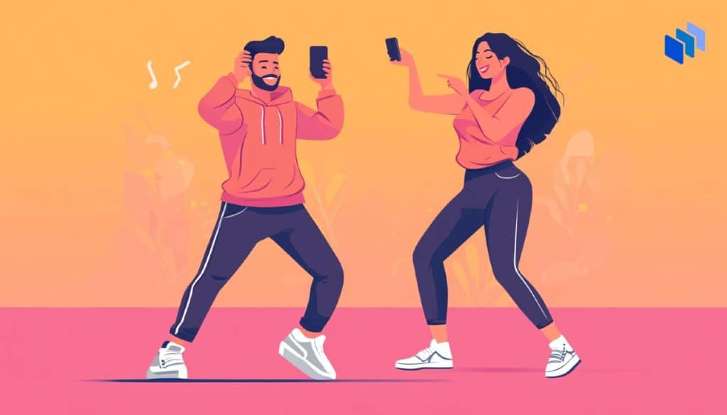 A man and woman dancing while recording TikToks