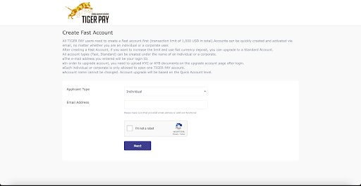 Tiger Pay registration form