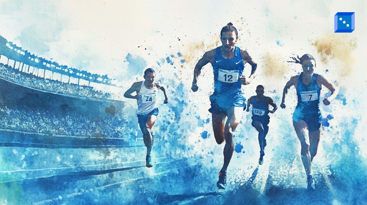 A dynamic watercolor-style illustration of athletes sprinting towards the finish line in a stadium, with splashes of blue and gold accentuating their speed and determination.