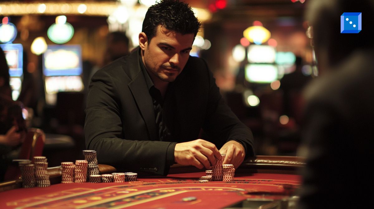 A confident man in a black suit stacks poker chips at a casino table, focused on the game. The dimly lit background, featuring slot machines and other players, creates an intense, high-stakes gambling atmosphere.