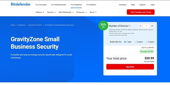 Bitdefender GravityZone Small Business Security plan