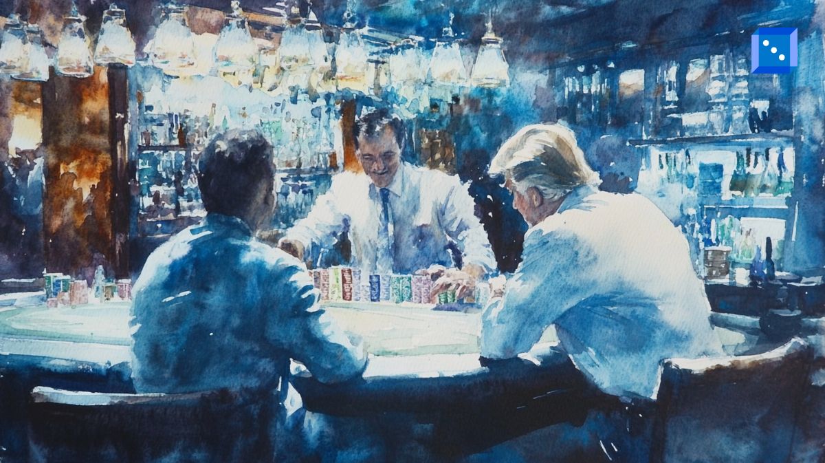 A watercolor painting of a dimly lit casino scene where two men in white shirts sit at a gambling table, facing a dealer in a suit and tie. The dealer smiles as he manages a stack of colorful poker chips. The background features a well-stocked bar with hanging lamps casting a warm glow over the scene, creating an atmosphere of high-stakes gambling.