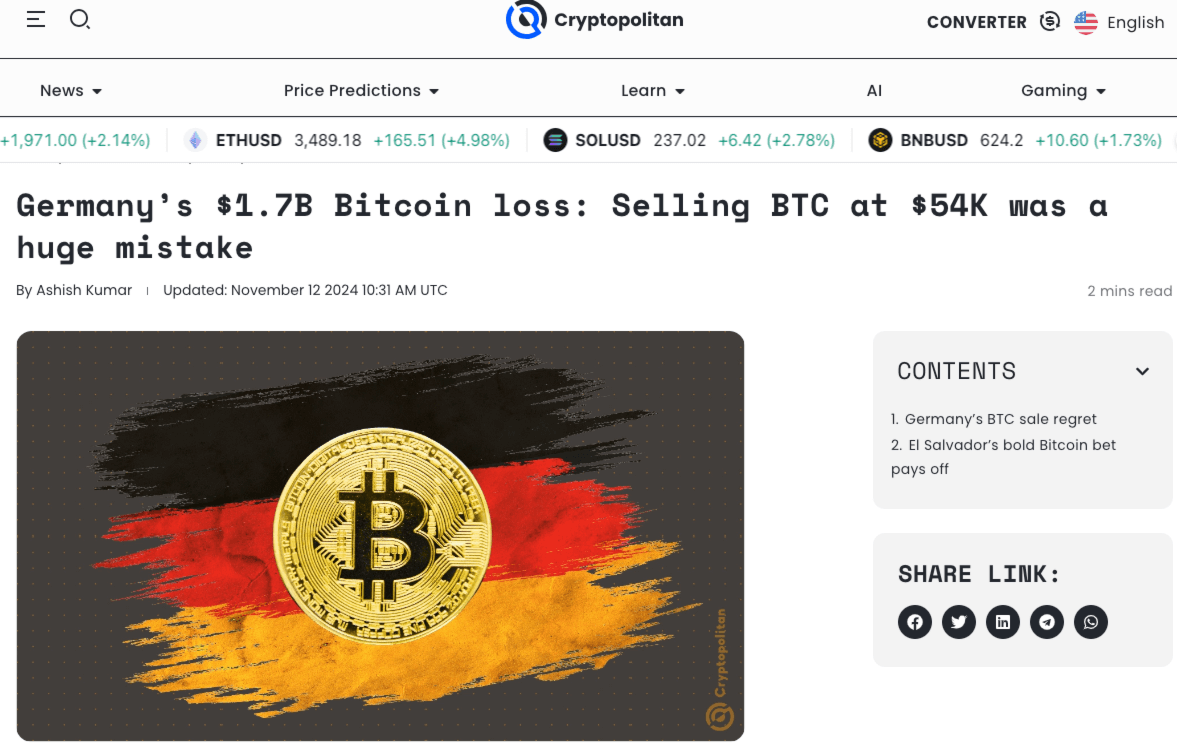 Many feel that the German Government Made a Huge Mistake By Missing out on Over $1 Billion in Profit by Selling its Bitcoin Holdings. 