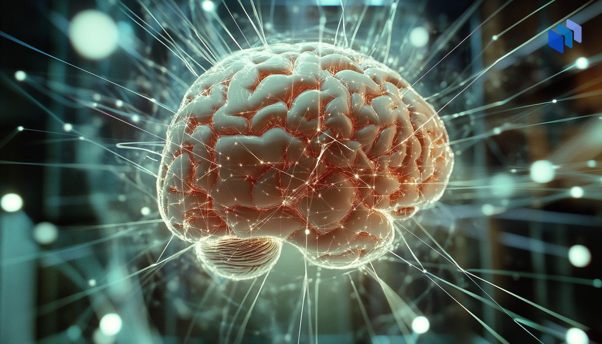 Image of a human brain with a network of neural connections visualized as glowing lines and dots, symbolizing neural connections and activity.