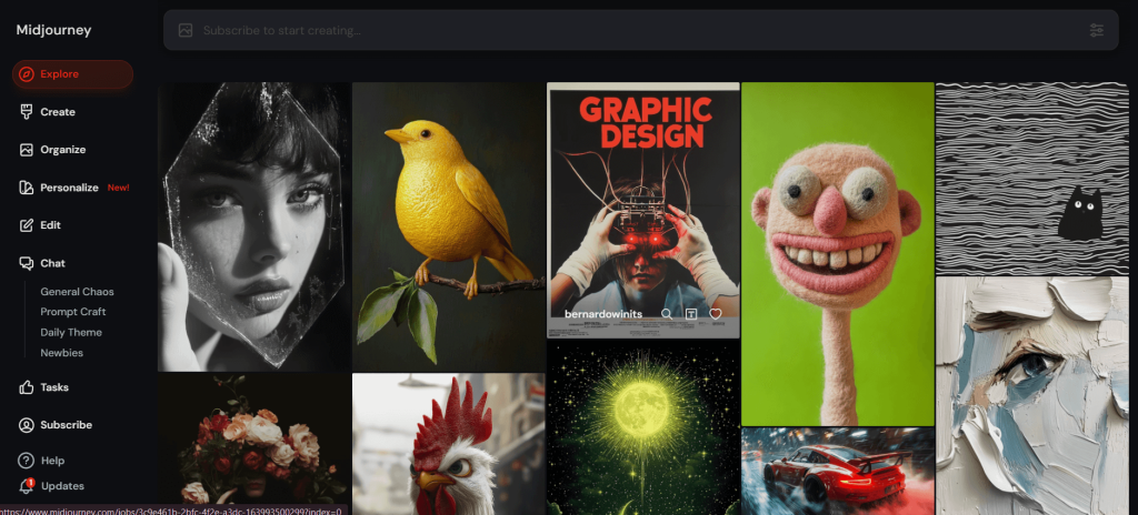 Midjourney homepage, showing explore page