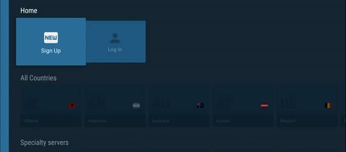 NordVPN Firestick App log in screen