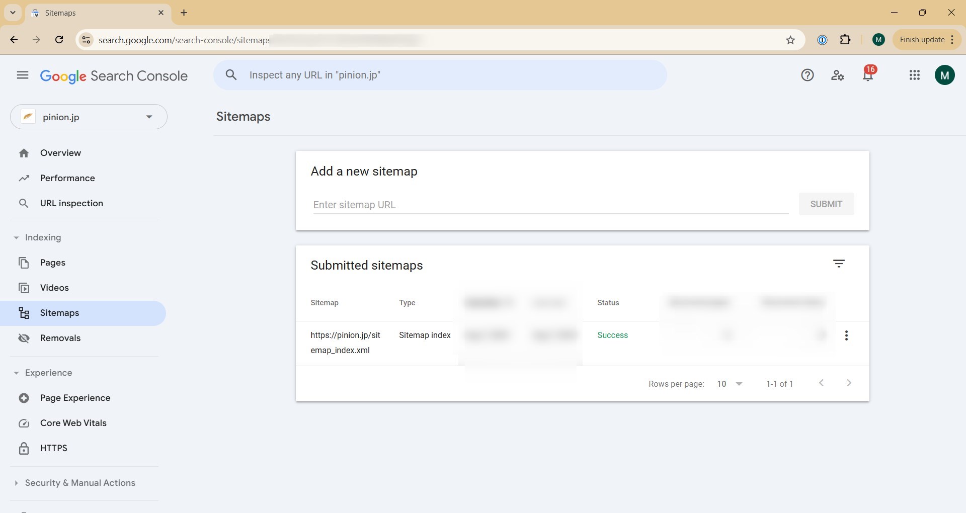 Pinion sitemap in google search console