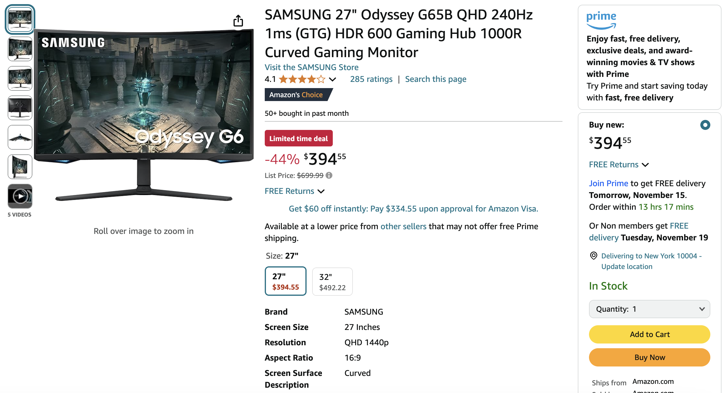 Samsung Odyssey G65B on sale | Source: Amazon