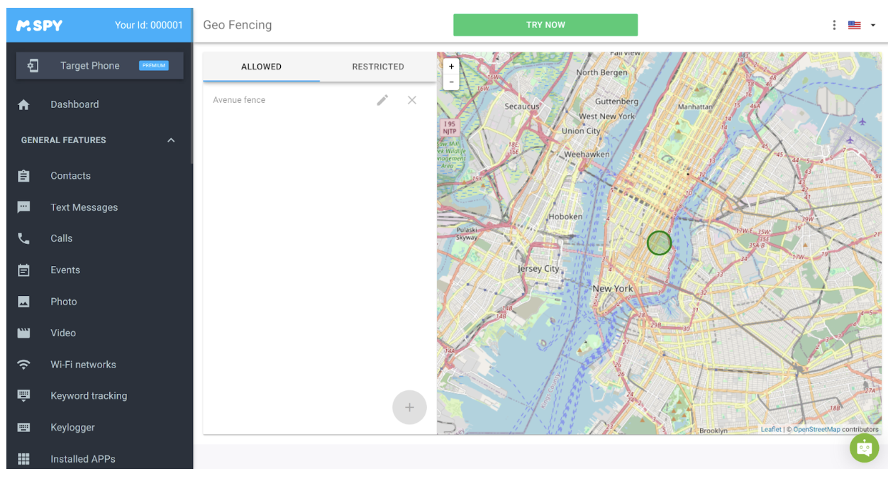 The geofencing feature in the mSpy app