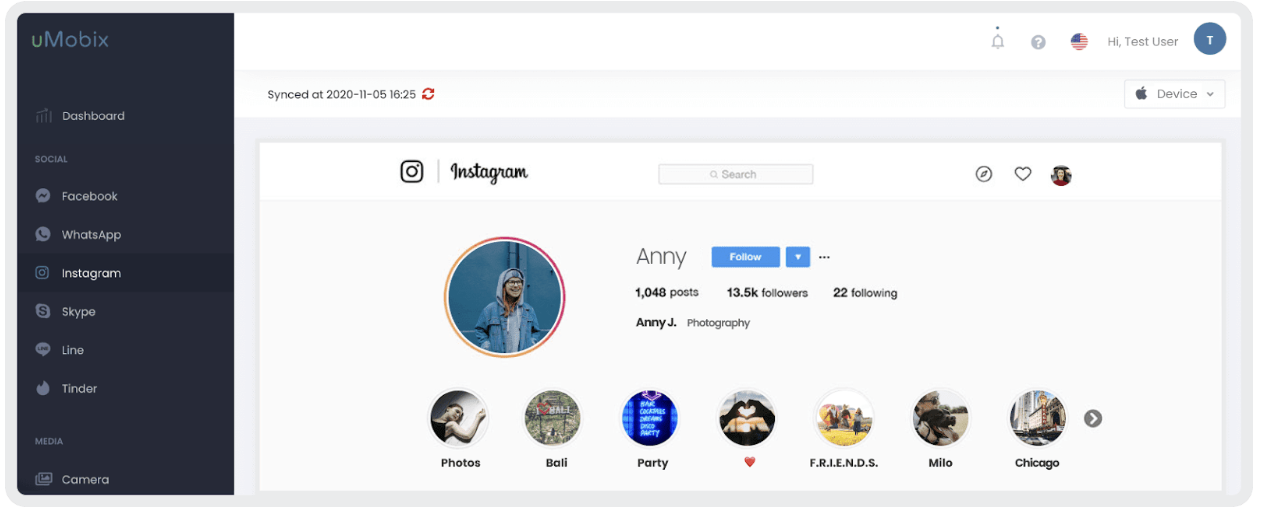 Monitoring an Instagram page in the uMobix app
