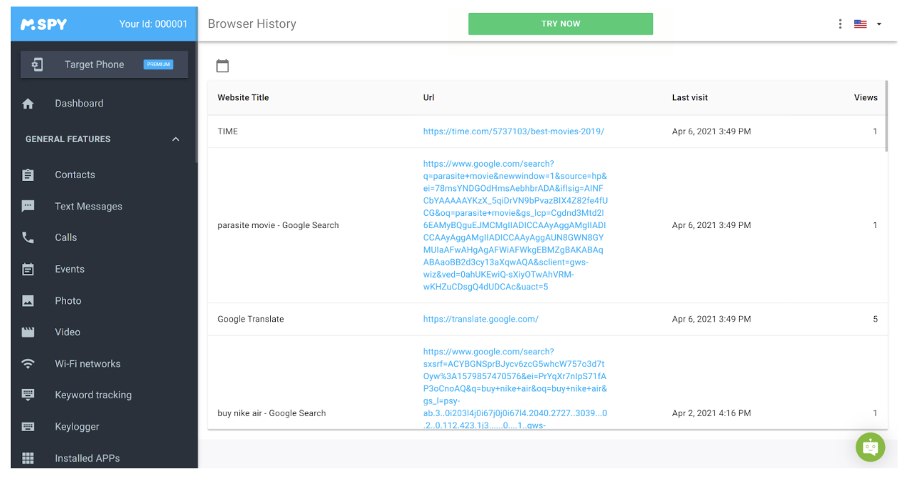 Viewing the target device's browser history in the mSpy app
