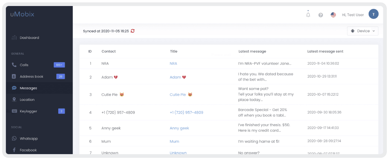 Viewing text messages in the uMobix app