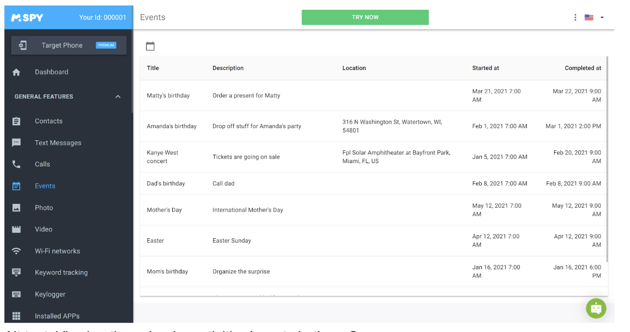 Viewing the calendar activities/events in the mSpy app