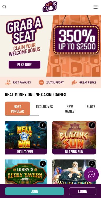 Slots LV Sister Sites - The Cafe Casino homepage as seen on a mobile device