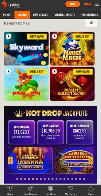 Slots LV Sister Sites - The Ignition casino homepage on mobile detailing the loyalty rewards program