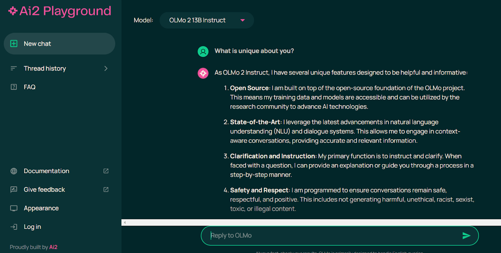 The home screen of OLMo 2, which you can test on the Ai2 Playground. 