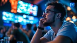 A young man with glasses and a beard watches a sports event in a dimly lit sports bar, illuminated by the glow of multiple large screens displaying live game statistics. He rests his chin on his hand, appearing deep in thought. The background features a blurred crowd of fans engaged in the action, creating a vibrant atmosphere of anticipation and excitement.