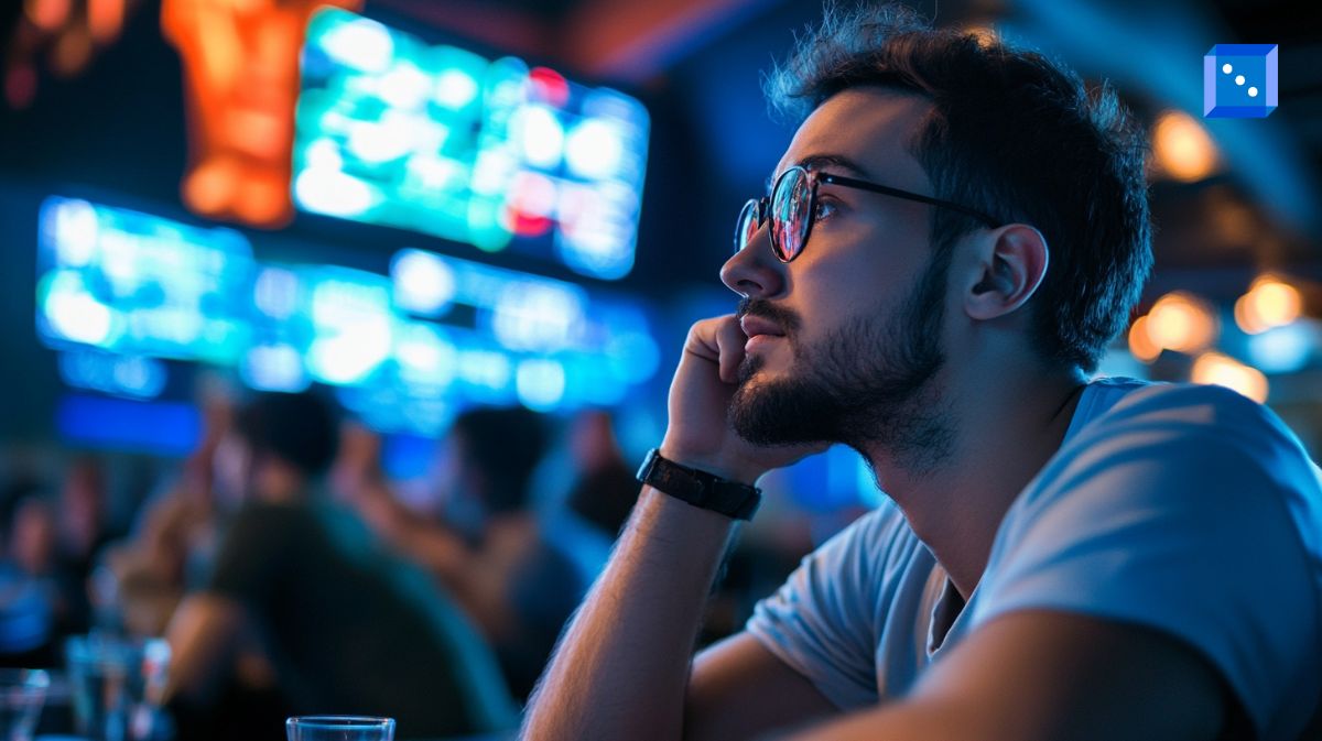 A young man with glasses and a beard watches a sports event in a dimly lit sports bar, illuminated by the glow of multiple large screens displaying live game statistics. He rests his chin on his hand, appearing deep in thought. The background features a blurred crowd of fans engaged in the action, creating a vibrant atmosphere of anticipation and excitement.