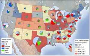 U.S. Map: Distribution of electric power generation (TWhr) by fuel source. (University of Texas)