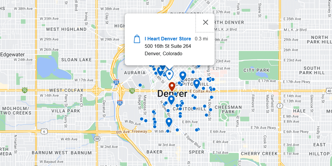 A map of Denver, showing stores participating in Small Business Saturday 2024. (Screenshot)