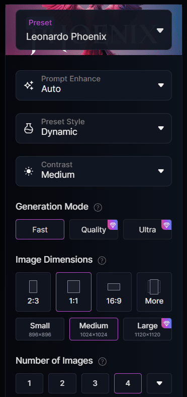 Leonardo AI preset options, number of images, dimensions, etc.