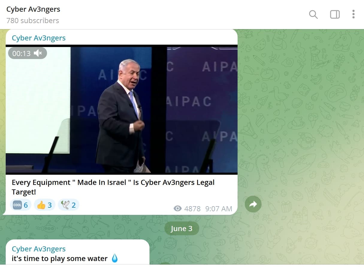 Cyber Av3ngers Telegram post saying they are going after every piece of equipment made in Israel and threatening water security incidents. 