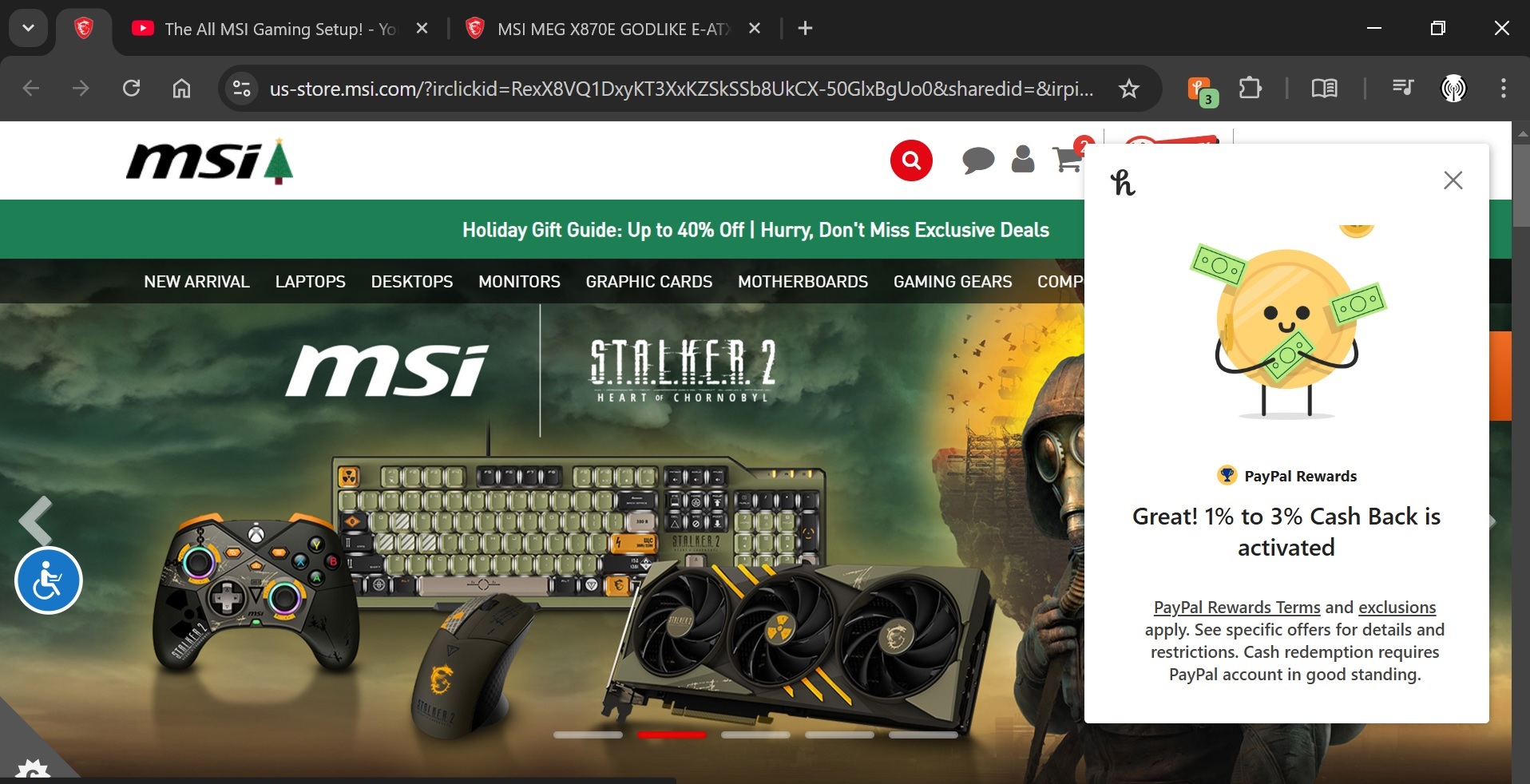 Honey opened a new tab (secretly, on the left of our browser) and redirected away from the original affiliated marketing link. 
