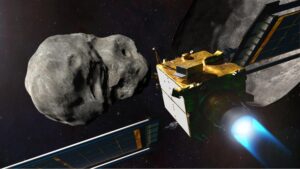 NASA's DART in an artist's impression on the way to the Dimorphos asteroid