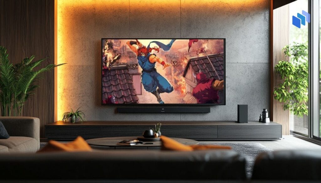 A modern living room with a large TV screen displaying an action scene from Ninja Gaiden Ragebound, featuring a ninja leaping across rooftops amidst fire and combat.