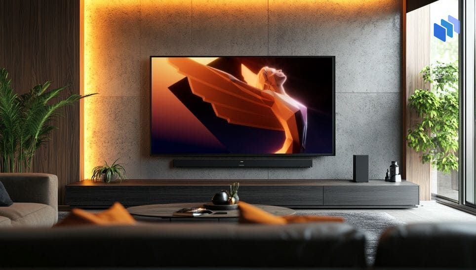 A modern living room with a sleek TV mounted on a concrete wall, displaying a scene from The Game Awards 2024. The image features warm ambient lighting and a stylish interior design, capturing the event’s highlights.
