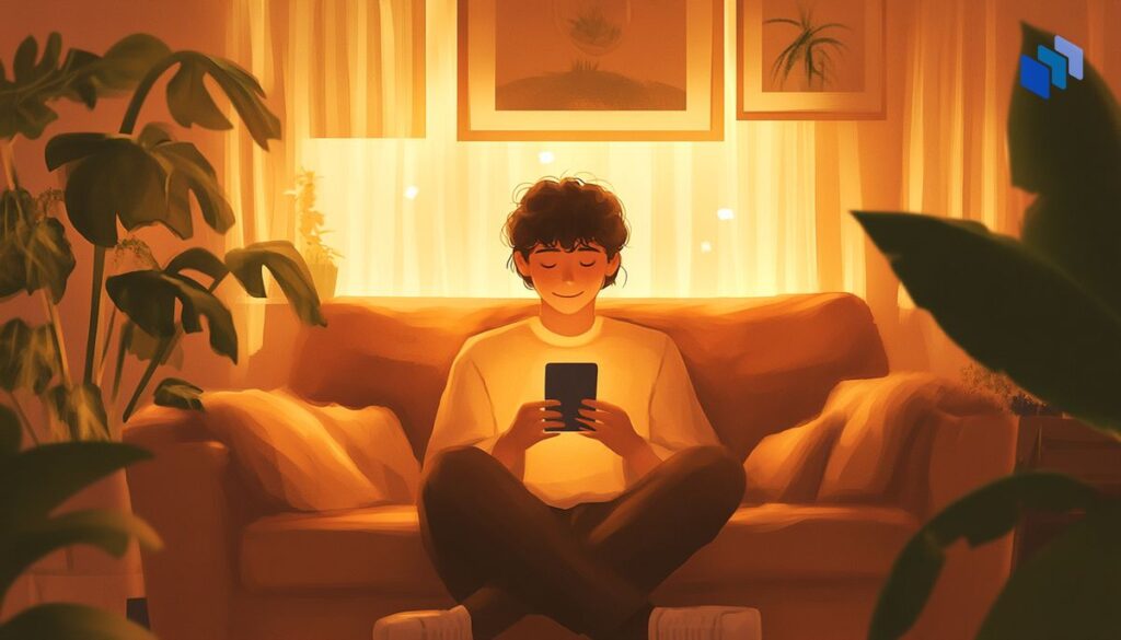 A cozy indoor scene of a person sitting on a couch surrounded by greenery and warm lighting. The individual is smiling and holding a smartphone, creating a relaxed and inviting atmosphere.
