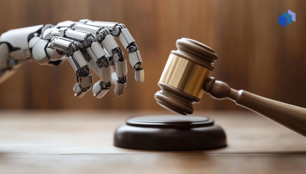 This image depicts the intersection of artificial intelligence and the legal system. The robotic hand holding or reaching for a gavel symbolizes AI’s increasing involvement in ethical and legal discussions, likely addressing challenges like regulations, accountability, and fairness in the application of AI technologies.