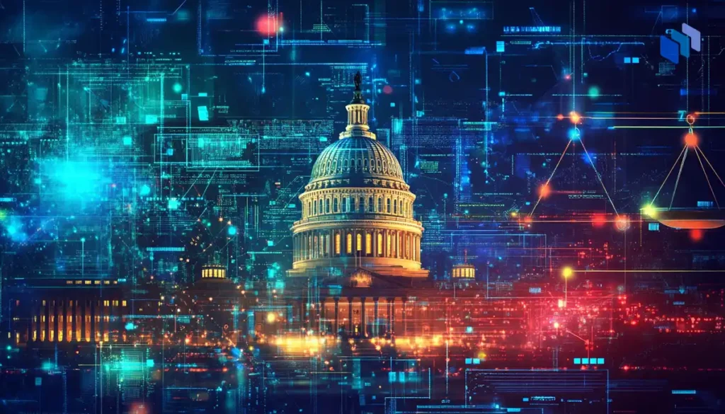The U.S. Capitol building surrounded by glowing digital circuits and holographic data streams, symbolizing the intersection of artificial intelligence policy and government regulation