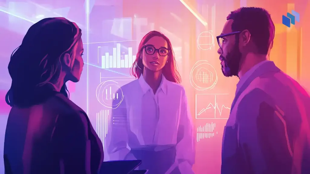 Three business professionals engage in a discussion, surrounded by vibrant colors and digital data visuals, implying a collaborative atmosphere.