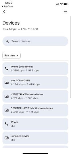 A screenshot of a mobile app displaying connected devices on a Wi-Fi network, showing real-time data usage for various devices, including iPhones, Windows PCs, and an unnamed device.