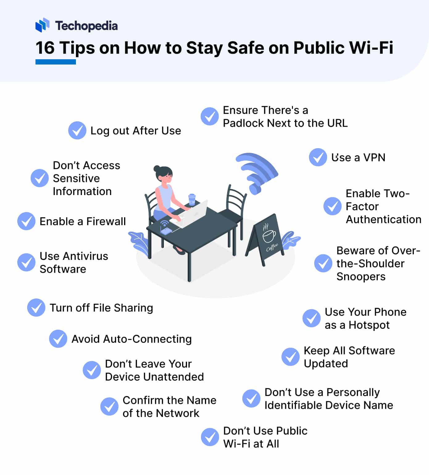 Here are 16 tips for how to stay safe on public Wi-Fi: 