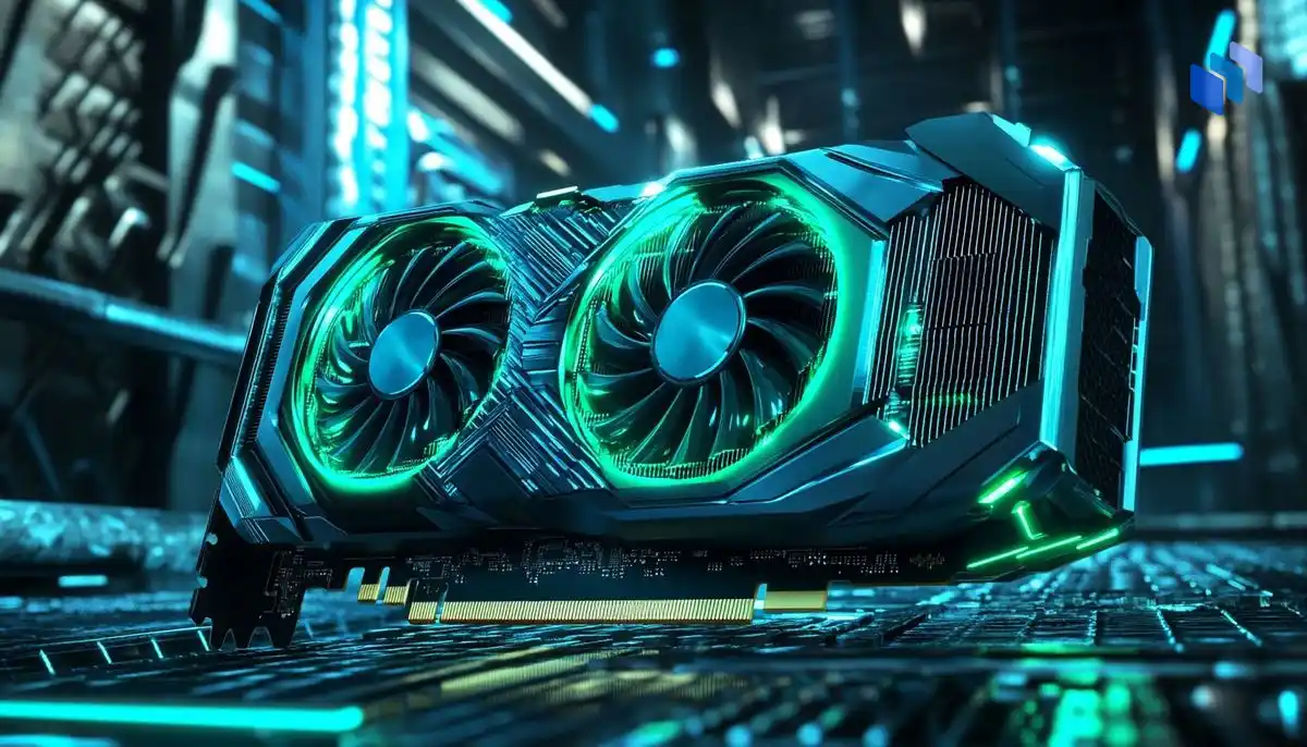 A highly detailed futuristic GPU chip glowing with electric blue and green lights