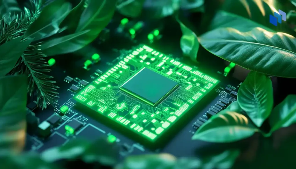 A green semiconductor chip with energy-efficient glowing patterns, surrounded by leaves and natural elements, blending technology and sustainability, clean and modern design with eco-friendly vibes