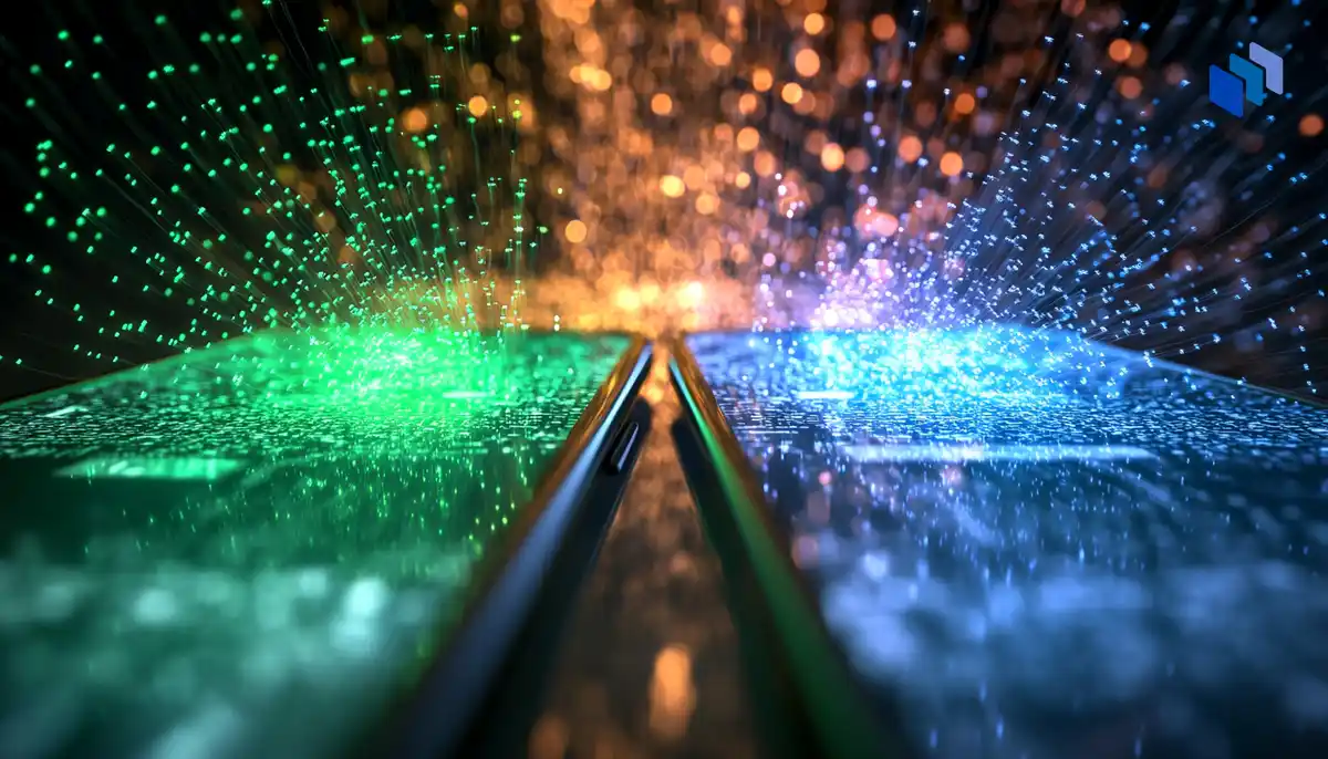 Two smartphones facing each other, one emitting green light and the other blue, representing the privacy comparison between Telegram and WhatsApp