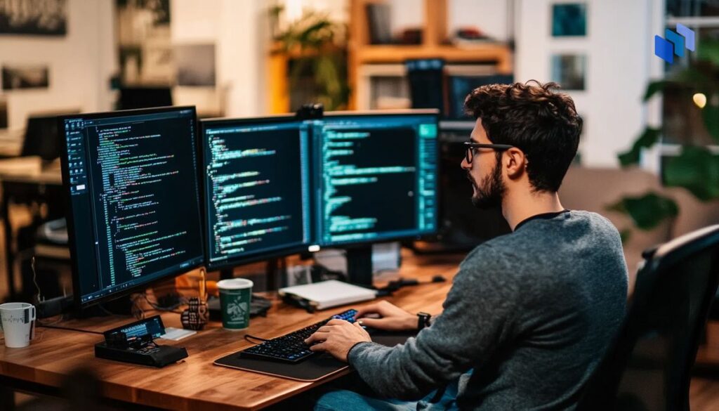 Developer working on AI software development with multiple monitors displaying coding languages. Highlights popular AI programming languages such as Python, Java, and other best programming languages for AI development in 2025.