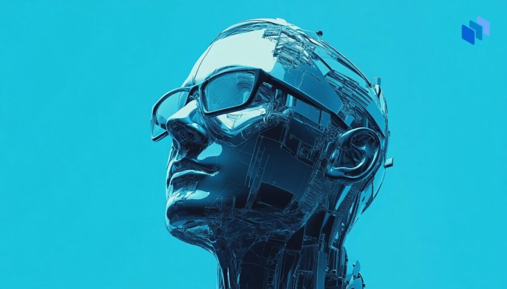A futuristic image featuring a robotic human face in metallic blue, wearing glasses, symbolizing artificial intelligence and technology. The background is a vibrant solid blue, emphasizing the advanced and futuristic theme of machine learning and programming.