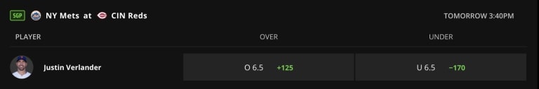 Betting odds for Justin Verlander in the NY Mets vs. Cincinnati Reds game, with over/under set at 6.5 runs.