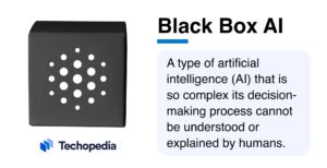 An illustration explaining Black Box AI, defined as a complex AI system whose decision-making process cannot be understood by humans
