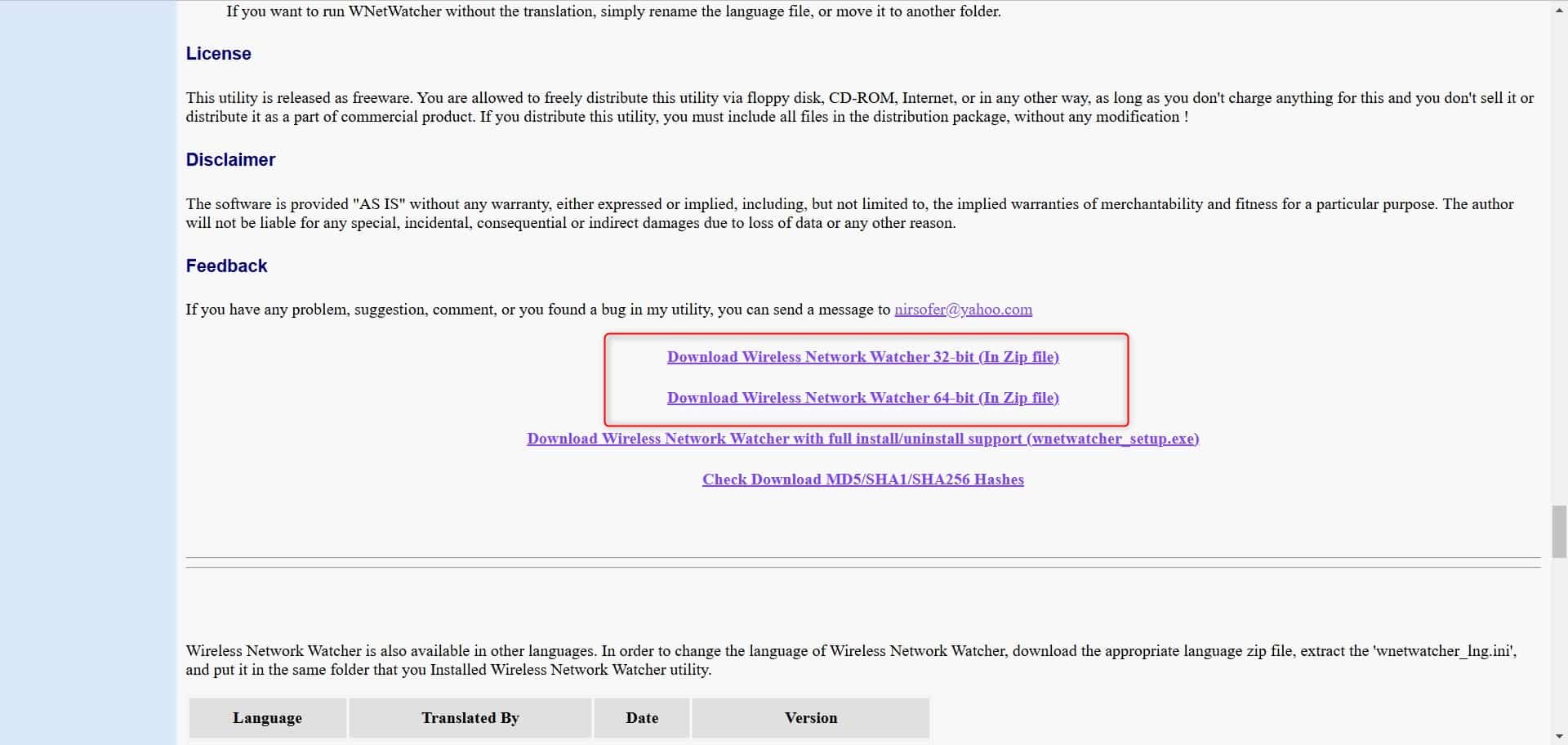 A screenshot of the Wireless Network Watcher download page showing options to download the software for 32-bit and 64-bit systems in ZIP format, along with additional installation and hash verification links.