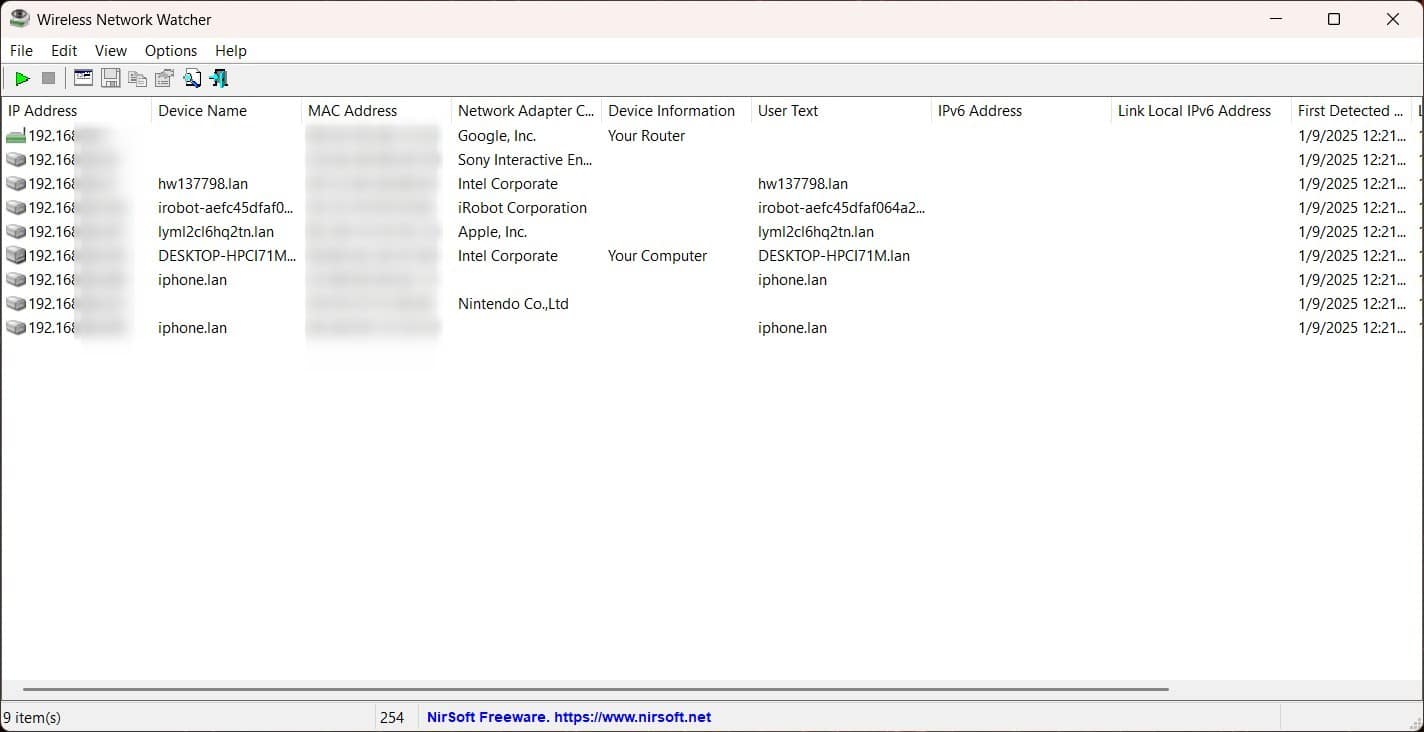 A screenshot of Wireless Network Watcher software displaying a list of devices connected to a Wi-Fi network, including IP addresses, device names, MAC addresses, network adapter manufacturers, and detection timestamps.
