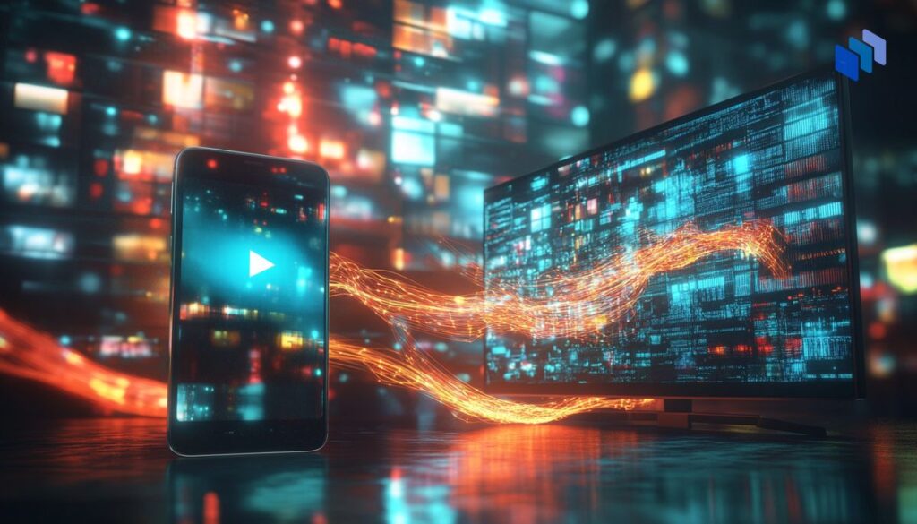 A smartphone and a smart TV facing each other in a dynamic tech duel: the phone shows vertical abstrakt video (TikTok), while the TV displays sleek, polished long-form content thumbnails (YouTube)